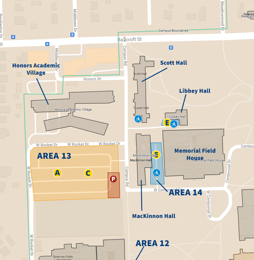 Parking for Honors Academic Village, Scott Hall, Libbey Hall, MacKinnon Hall, and Memorial Field House
