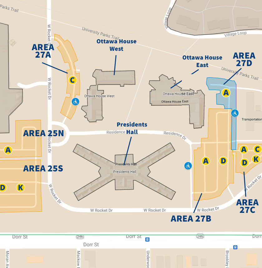 Parking for Ottawa House West, Ottawa House East, and Presidents Hall